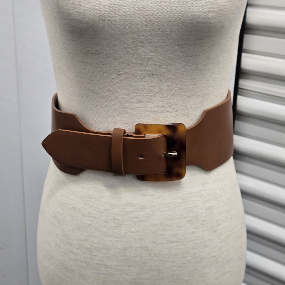 Steve Madden Cognac Wide Stretch Waist Belt w/ Tortoise Buckle S/M
